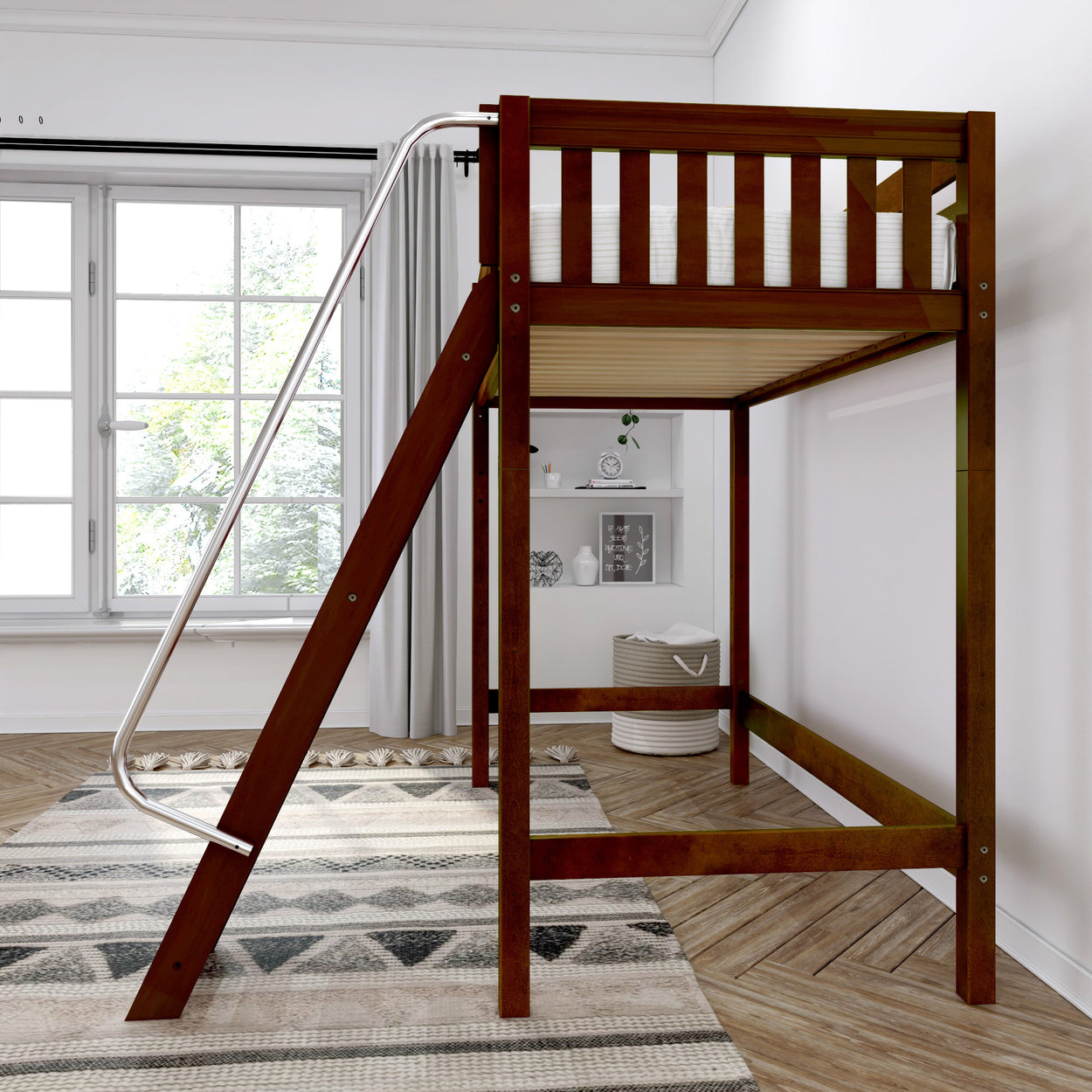 Loft bed with wooden frame and slide in modern bedroom with natural light.
