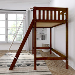 Loft bed with wooden frame and slide in modern bedroom with natural light.