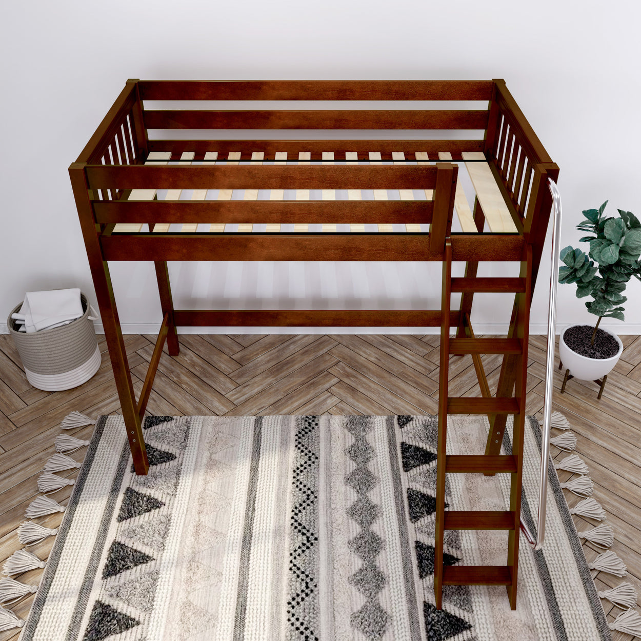 Wooden loft bed frame with ladder in modern bedroom setting featuring geometric patterned rug and plants.