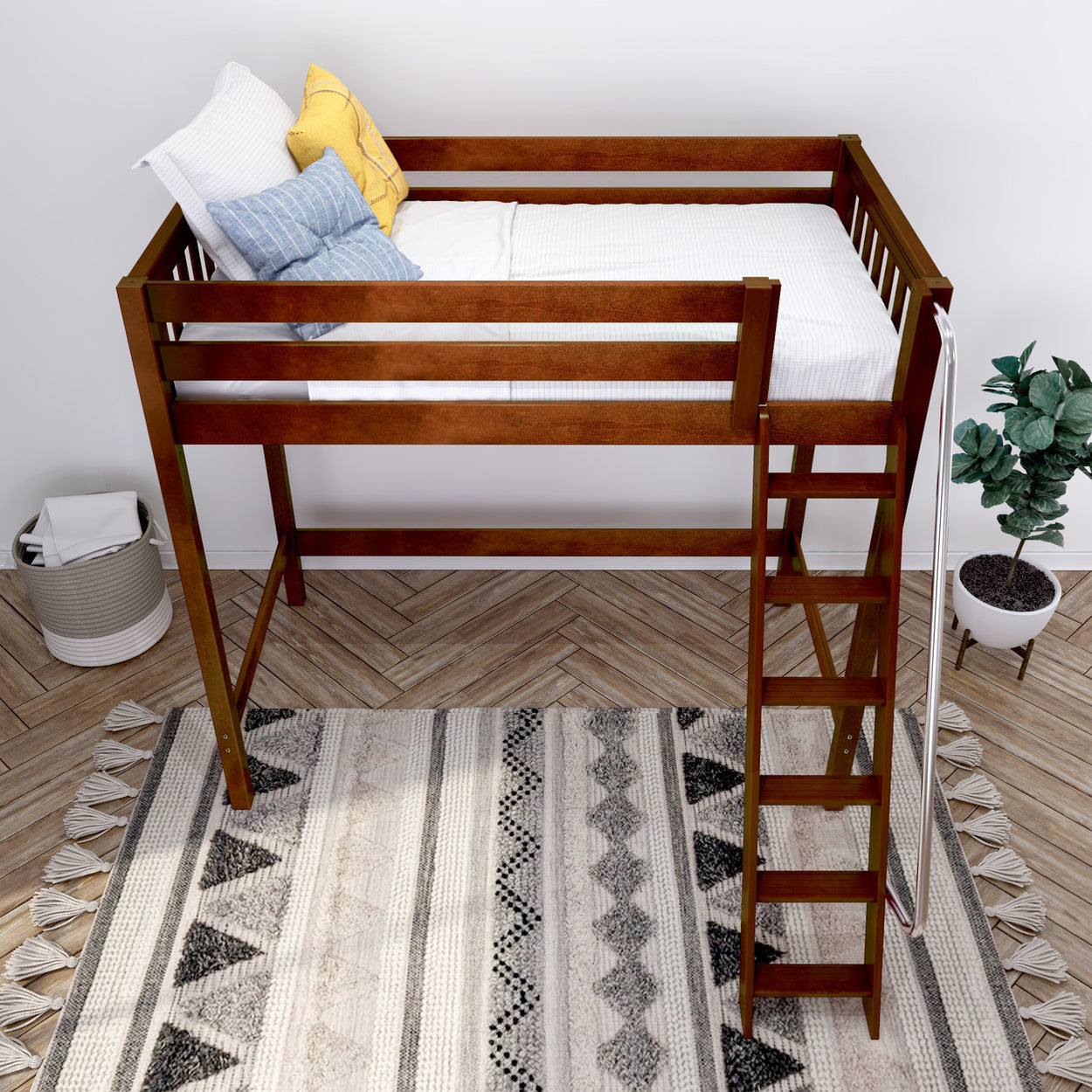 Loft bed with wooden frame and ladder in modern bedroom interior.