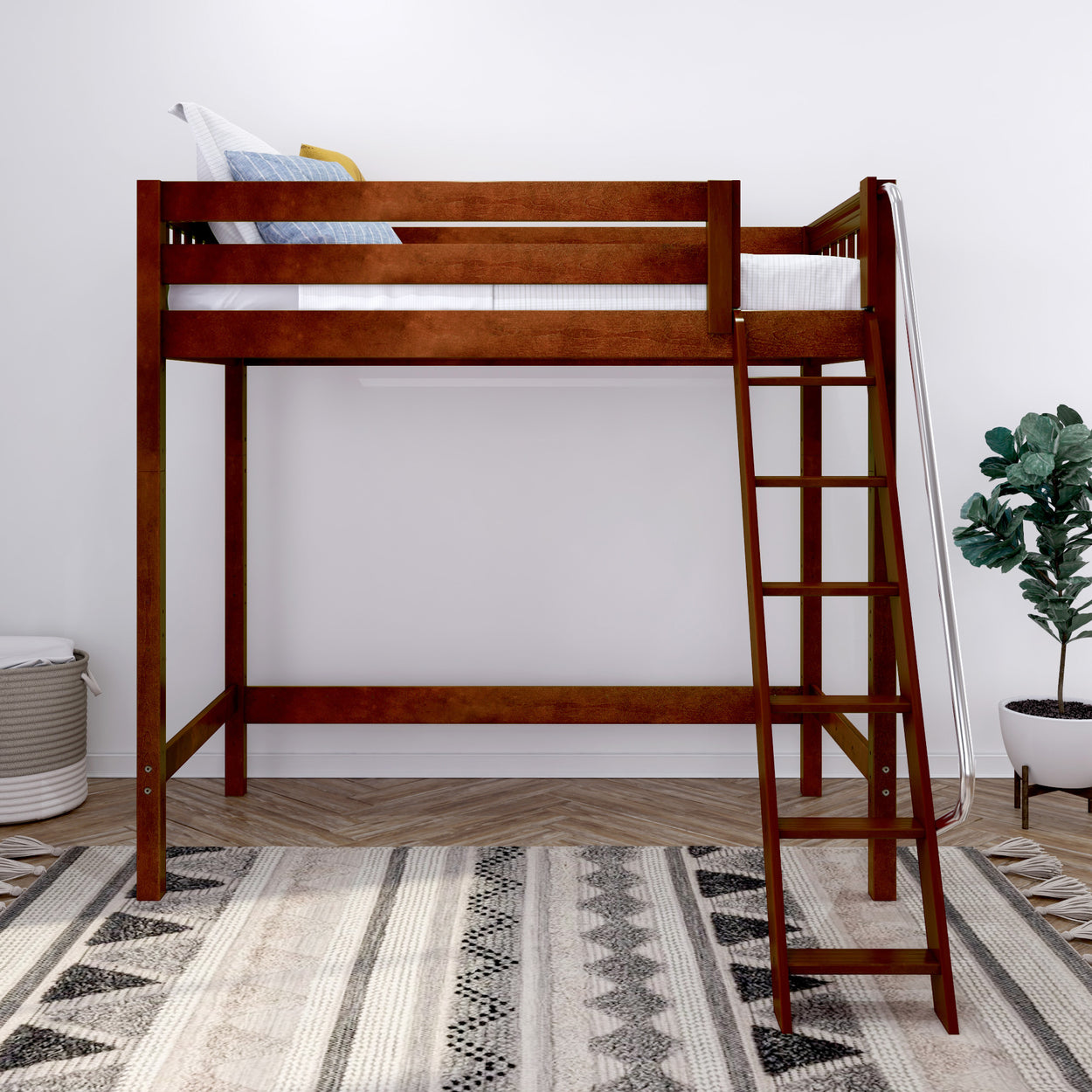Wooden loft bed with ladder in modern minimalist bedroom.