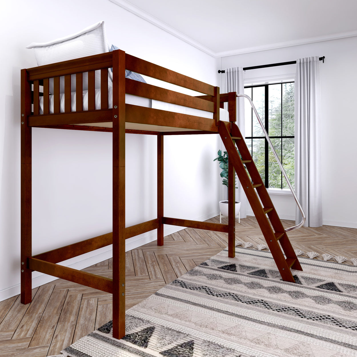 Wooden loft bed with ladder in a modern bedroom with white walls and patterned rug.