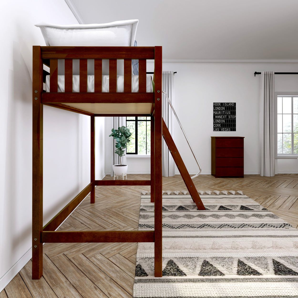 Loft bed with slide in modern bedroom featuring hardwood flooring, patterned rug, and natural light.