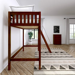 Loft bed with slide in modern bedroom featuring hardwood flooring, patterned rug, and natural light.