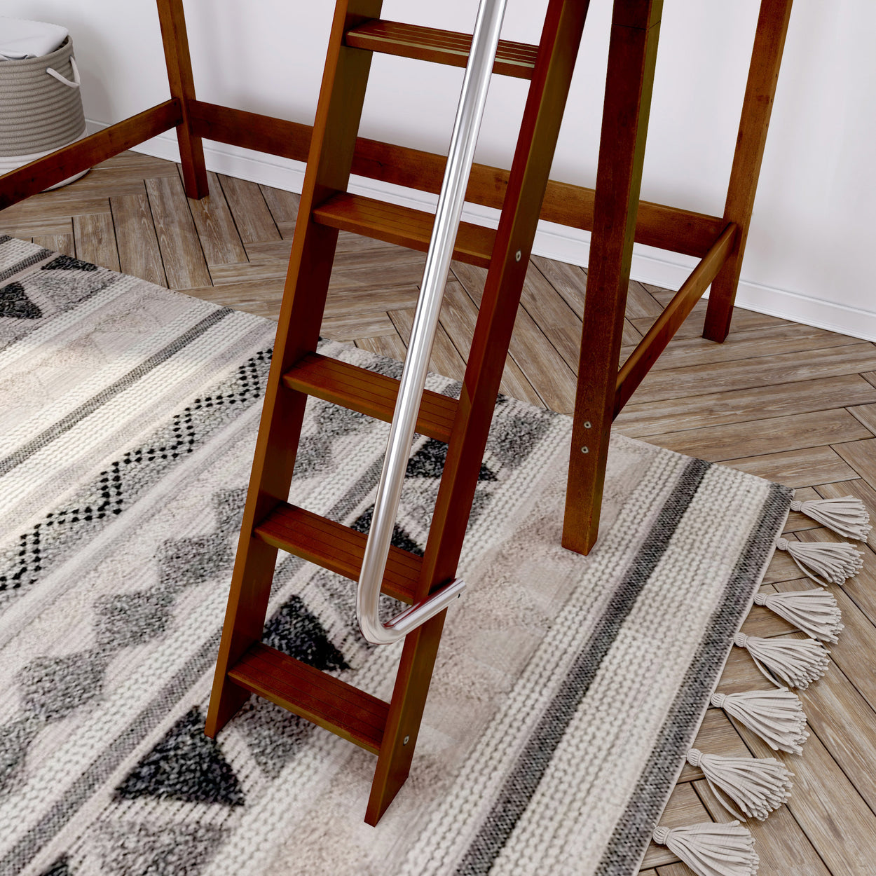 Wooden ladder on a geometric-patterned rug next to a basket in a modern interior.