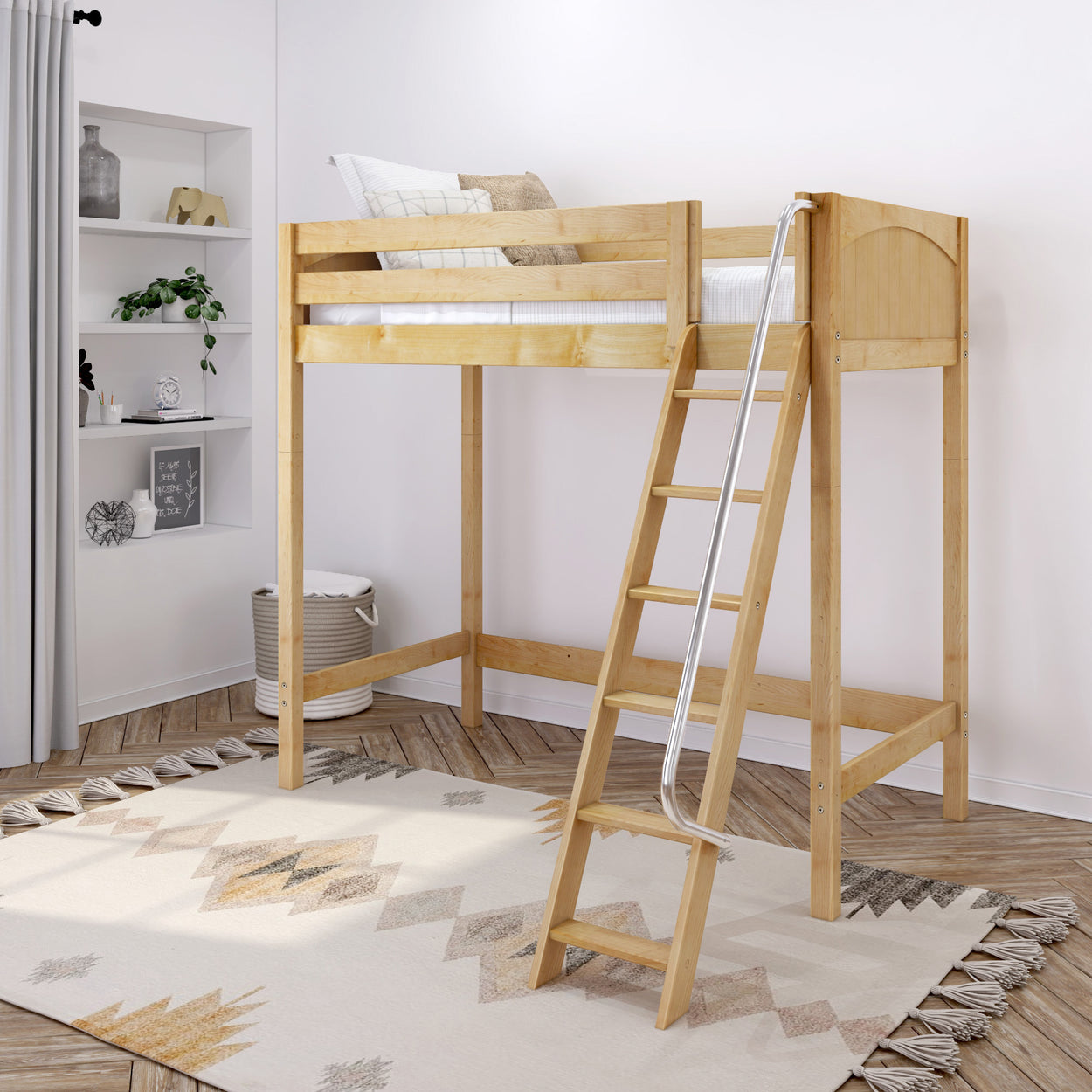 Wooden loft bed with ladder in modern bedroom, featuring decorative rug and shelving.