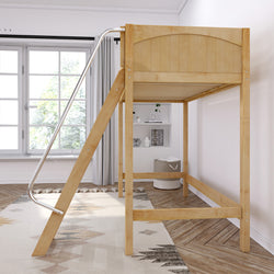 Wooden loft bed in a bright modern bedroom with large window and decorative rug.