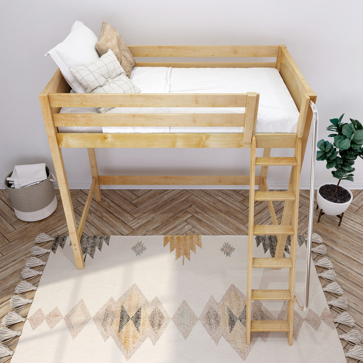 Wooden loft bed with ladder, decorative pillows, and cozy rug in modern bedroom.