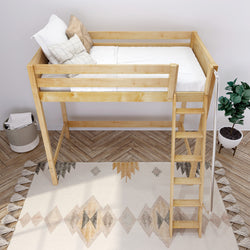 Wooden loft bed with ladder, decorative pillows, and cozy rug in modern bedroom.
