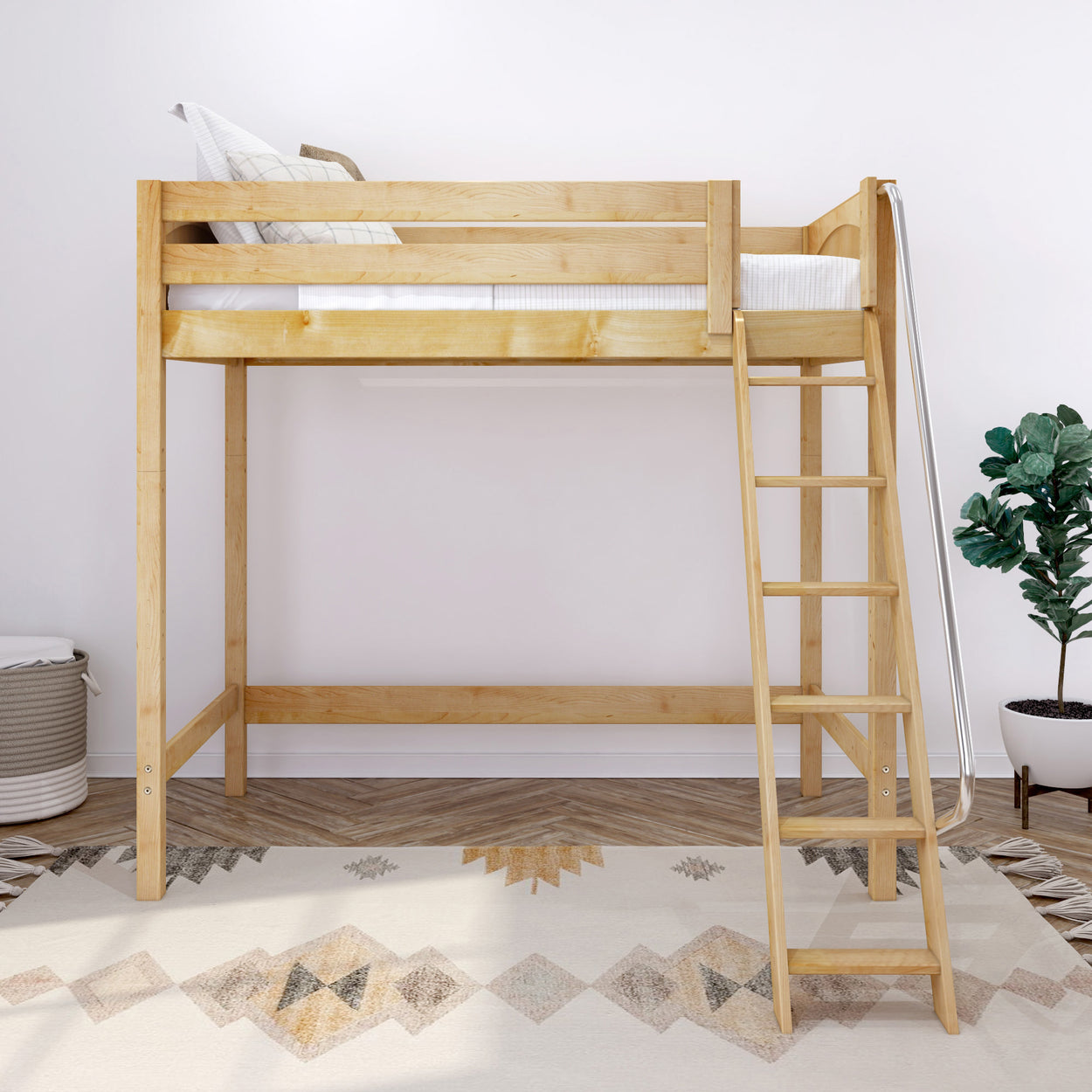 Wooden loft bed with ladder in minimalistic bedroom featuring geometric rug and green plant.
