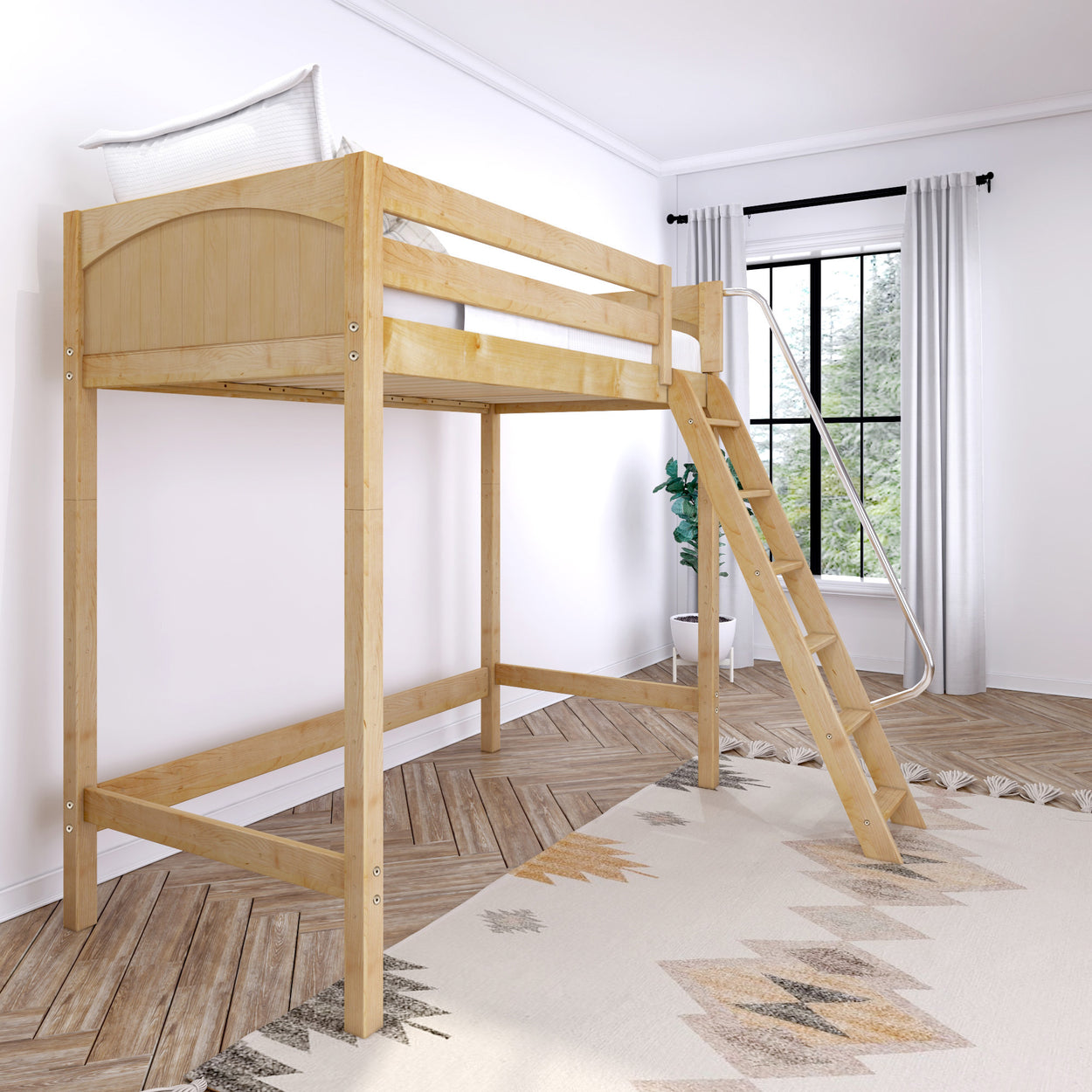 Wooden loft bed with ladder in bright, modern bedroom with large window and natural light.