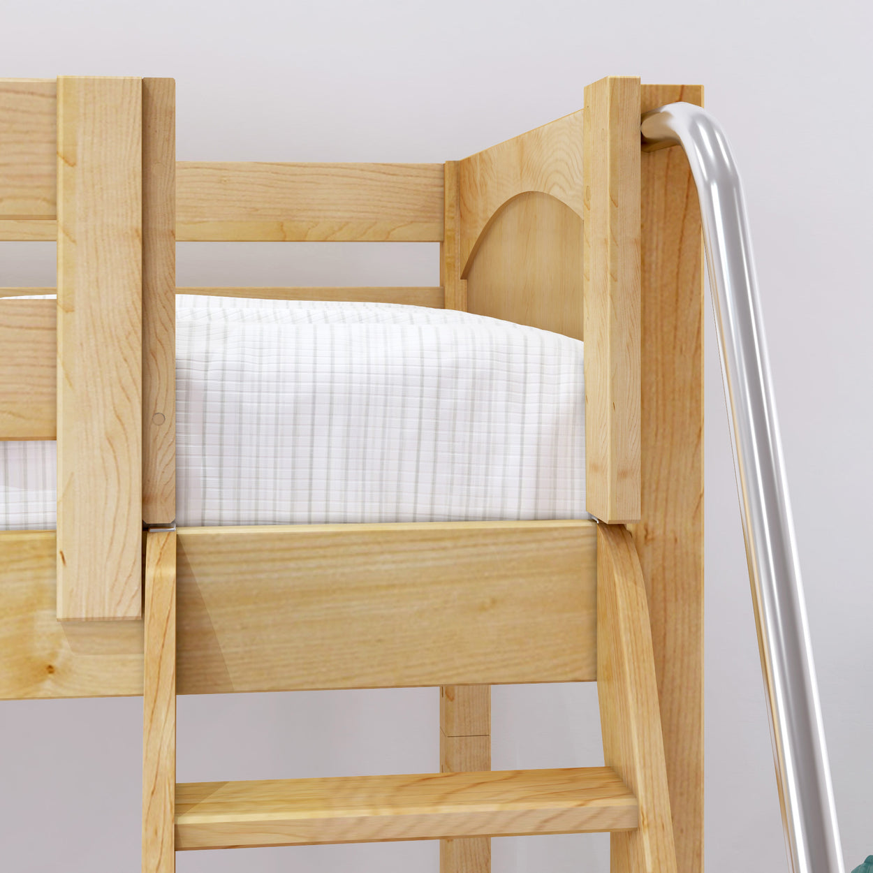 Wooden bunk bed with metal ladder and white-striped bedding in a minimalist bedroom setting.