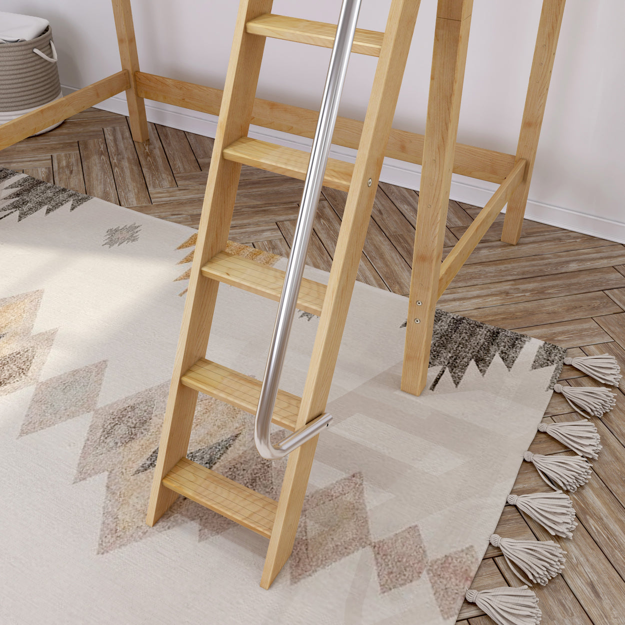 Wooden loft ladder with metal handle on geometric patterned rug in modern room.
