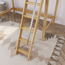 Wooden loft ladder with metal handle on geometric patterned rug in modern room.