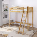 Natural wood loft bed with ladder, white bedding and pillows in a modern kids' bedroom with rug and built-in shelves