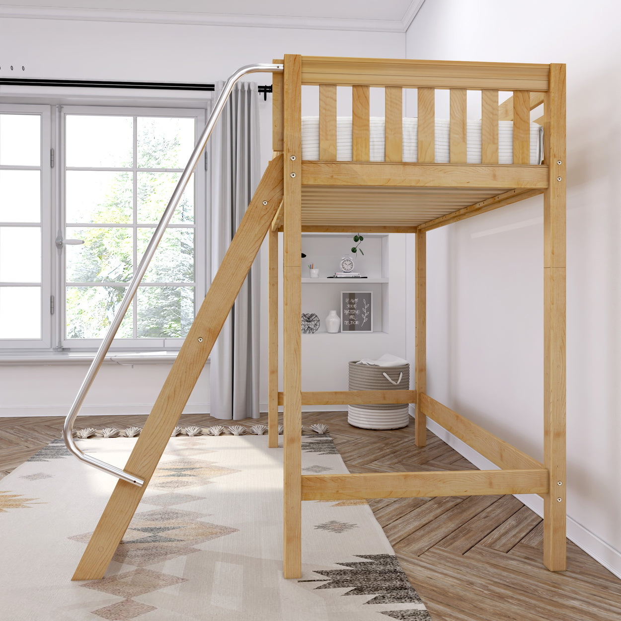 Wooden loft bed with slide in bright, modern kids' room featuring large window and geometric rug.