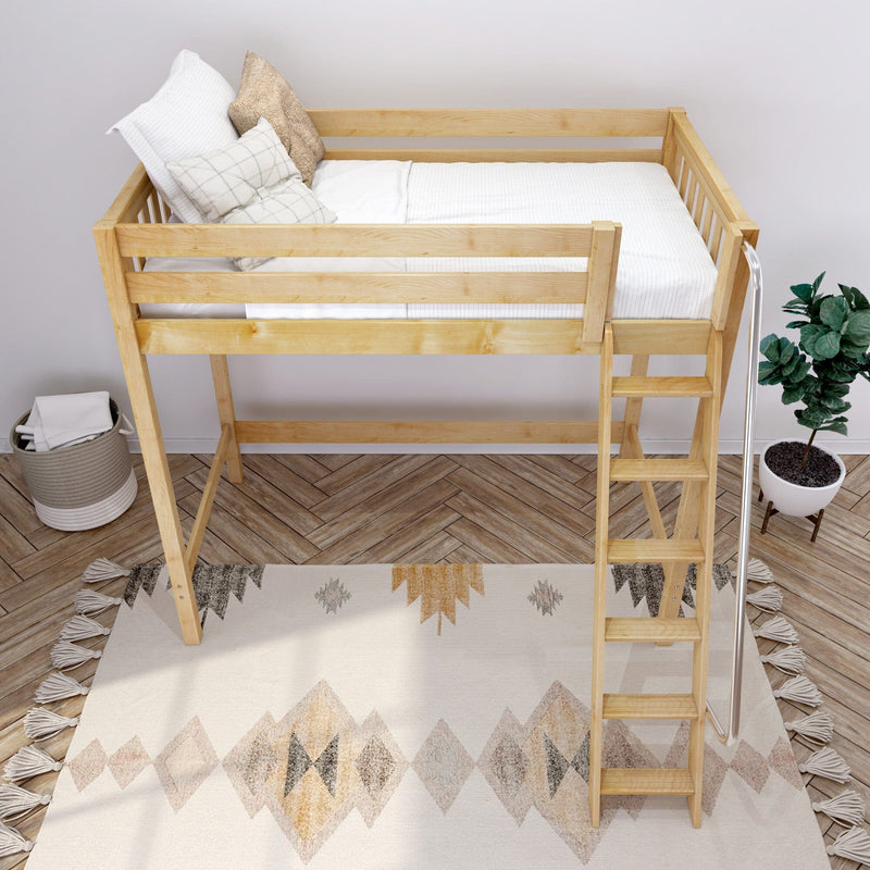 Natural wood loft bed with white bedding and textured pillows, wooden ladder, woven storage basket and potted plant on herringbone wood floor with patterned boho rug — modern minimalist bedroom design