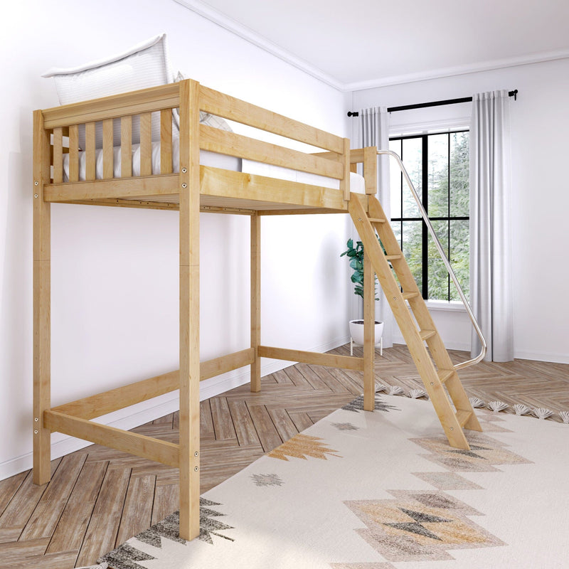 Natural wood loft bed with ladder in bright minimalist bedroom, white bedding, window with curtains and patterned rug, space-saving design