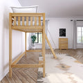 Natural wood loft bed with ladder in a bright minimalist bedroom — space-saving small room design with white bedding, herringbone wood floor, neutral geometric rug, potted plant and wooden dresser