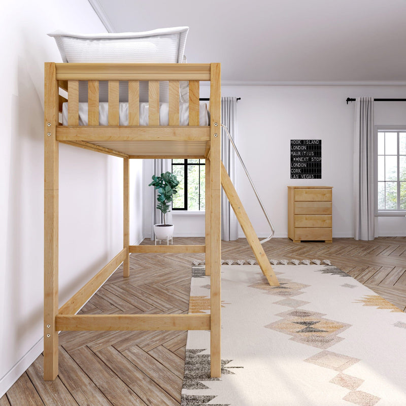 Natural wood loft bed with ladder in a bright minimalist bedroom — space-saving small room design with white bedding, herringbone wood floor, neutral geometric rug, potted plant and wooden dresser