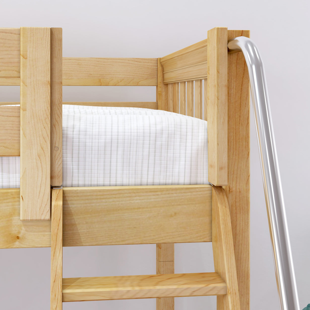 Wooden bunk bed with metal ladder and white checkered bedding in minimalist bedroom.