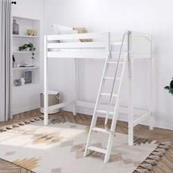 White wooden loft bed with ladder in modern minimalist bedroom design.