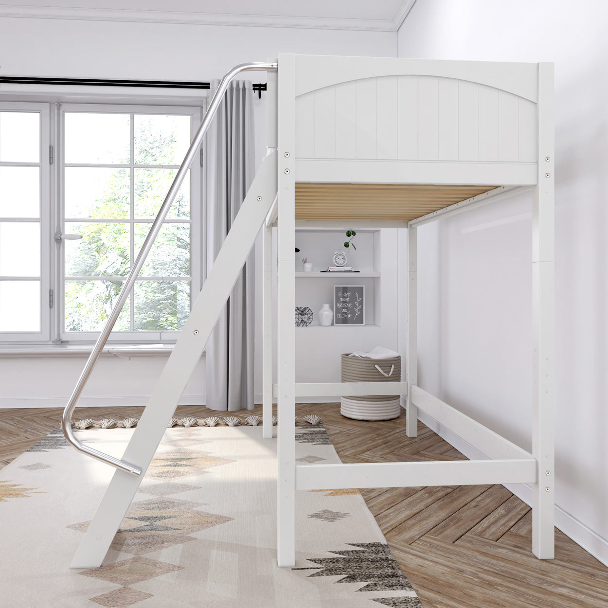 White loft bed with metal ladder in modern bedroom setting, featuring wooden floor, decorative shelves, and natural light from large window.