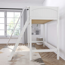 White loft bed with metal ladder in modern bedroom setting, featuring wooden floor, decorative shelves, and natural light from large window.