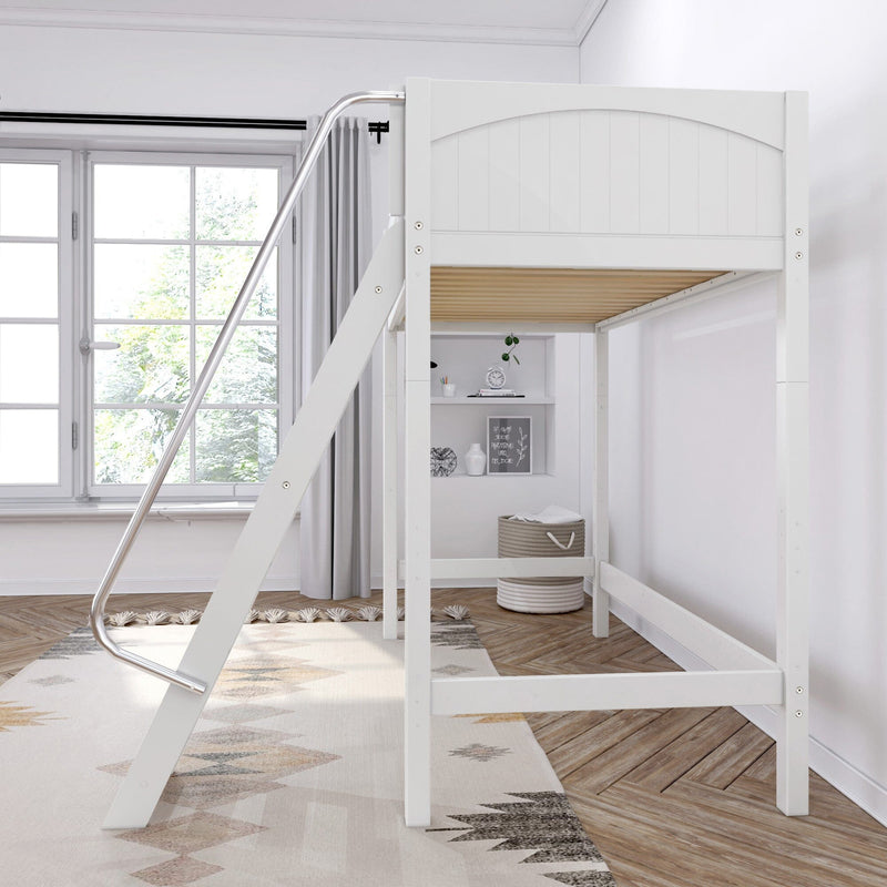 White wooden loft bed with angled metal ladder over built-in study nook, woven storage basket, patterned rug and large window in a bright Scandinavian-style bedroom