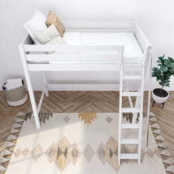 Loft bed with white frame and bedding, ladder access, patterned rug, and decorative plant in modern bedroom.