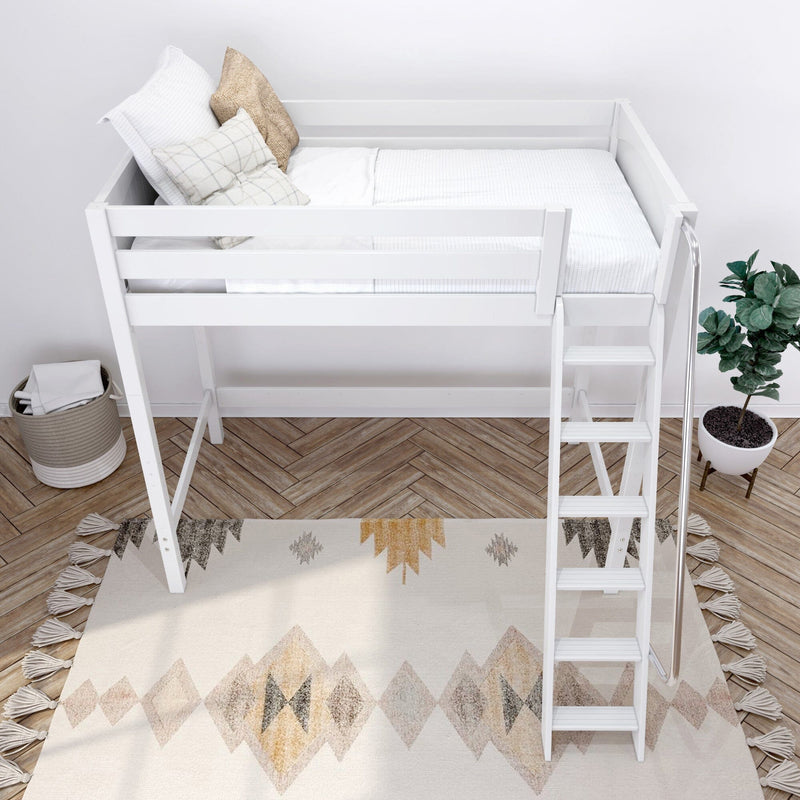 White loft bed with ladder and safety rail, neatly made with white bedding and beige decorative pillows in a minimalist kids' bedroom featuring a patterned tassel rug, herringbone wood floor, woven storage basket and potted plant
