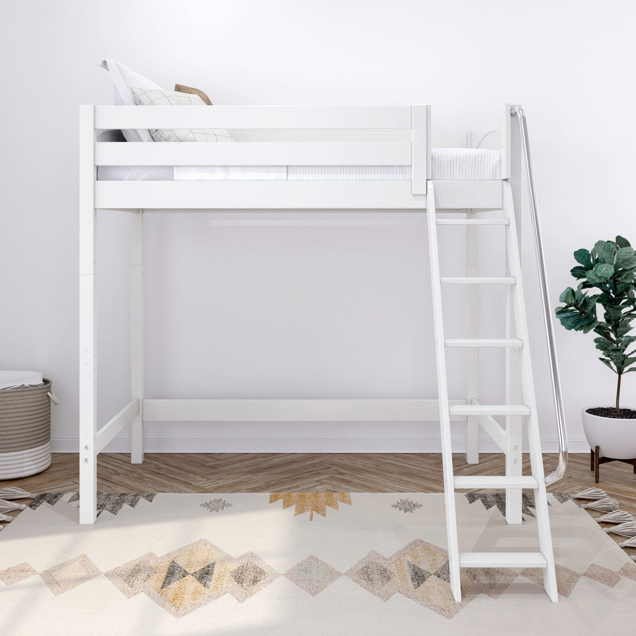 White loft bed with ladder in modern bedroom, featuring a geometric rug and potted plant.