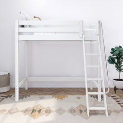 White loft bed with ladder in modern bedroom, featuring a geometric rug and potted plant.
