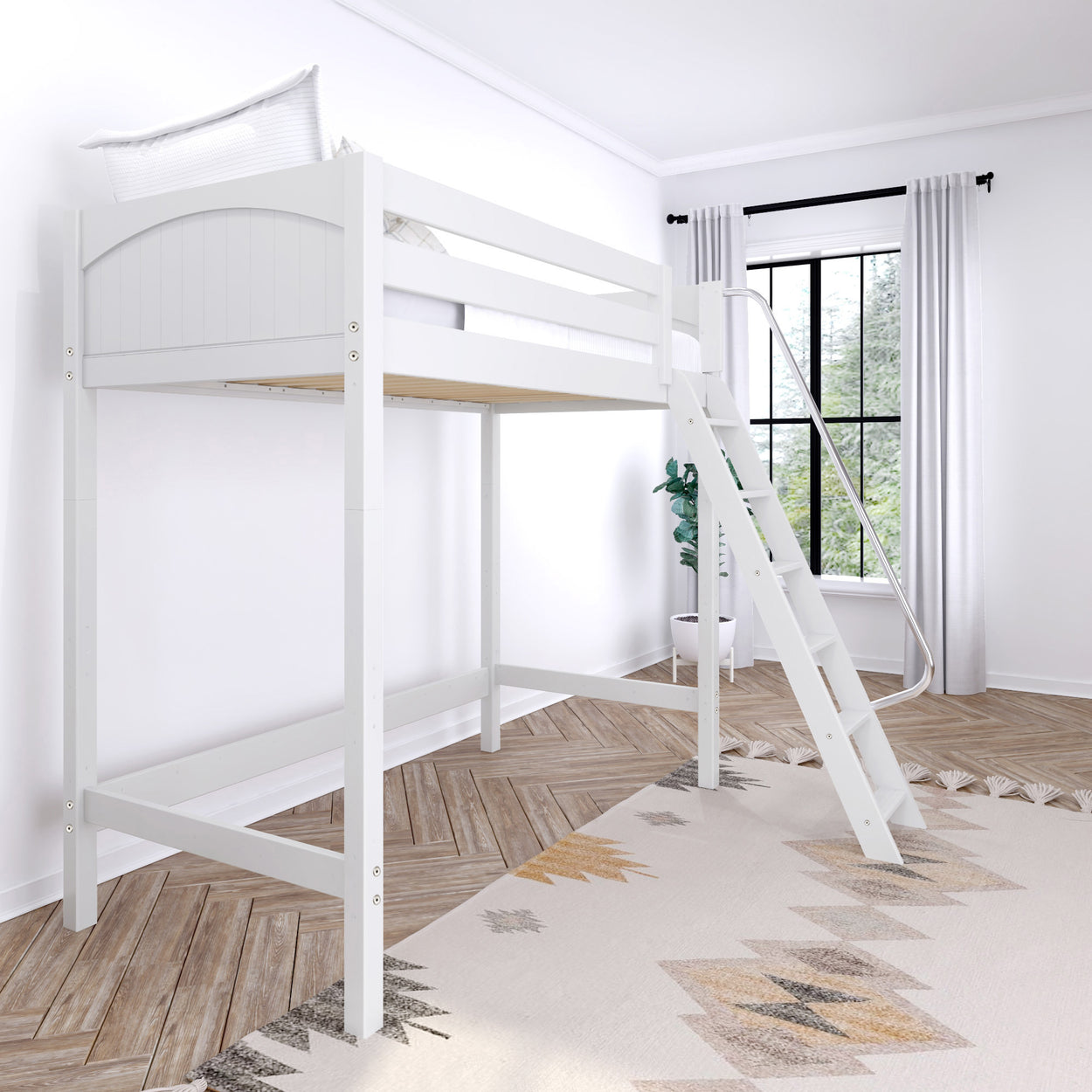 White loft bed with ladder in modern minimalist bedroom featuring natural light and wooden flooring.