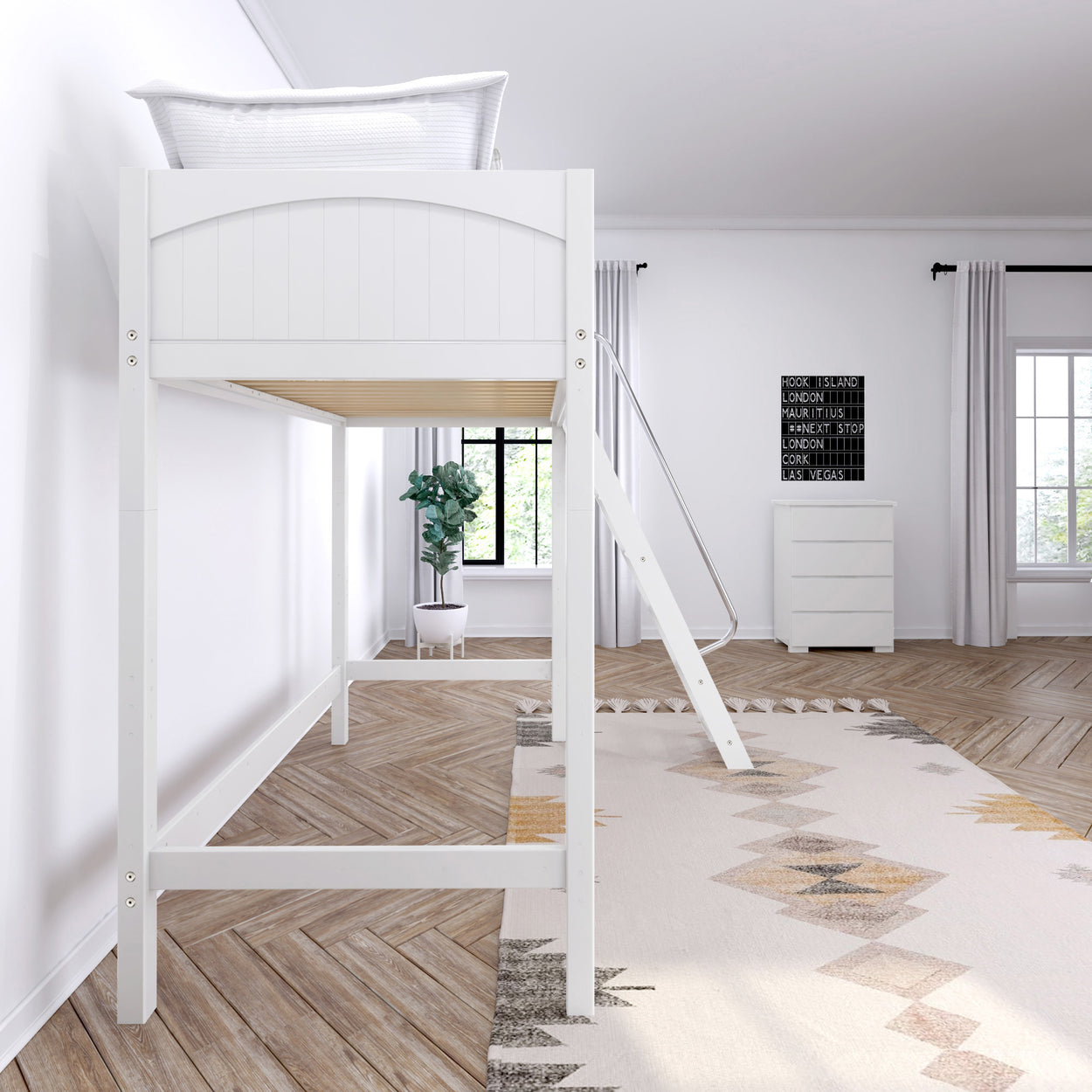 Loft bed with ladder in modern, minimalist bedroom featuring hardwood floors, geometric rug, and contemporary decor.