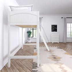 Loft bed with ladder in modern, minimalist bedroom featuring hardwood floors, geometric rug, and contemporary decor.