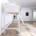 White loft bed with ladder in bright minimalist Scandinavian bedroom, herringbone wood floor, white dresser and potted plant