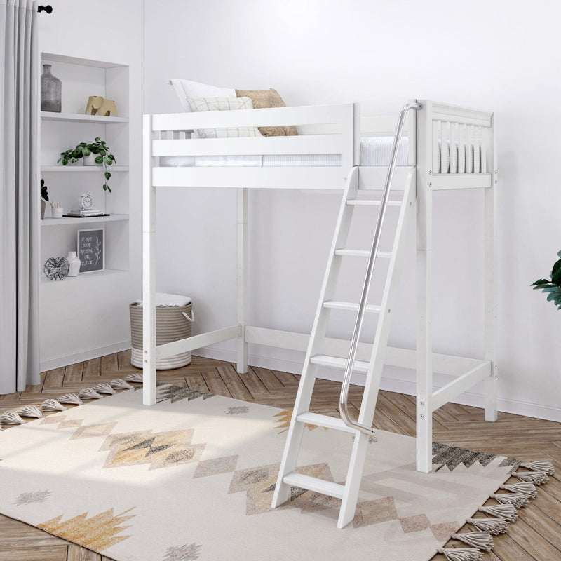 White wooden children's loft bed with ladder and safety rail in a modern minimalist kids bedroom with neutral pillows, patterned rug and built-in shelving