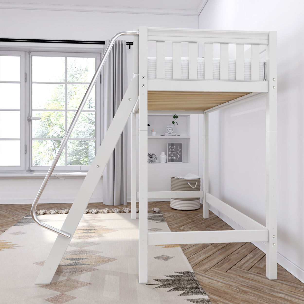 White loft bed with ladder in modern, bright bedroom featuring large window and stylish decor.
