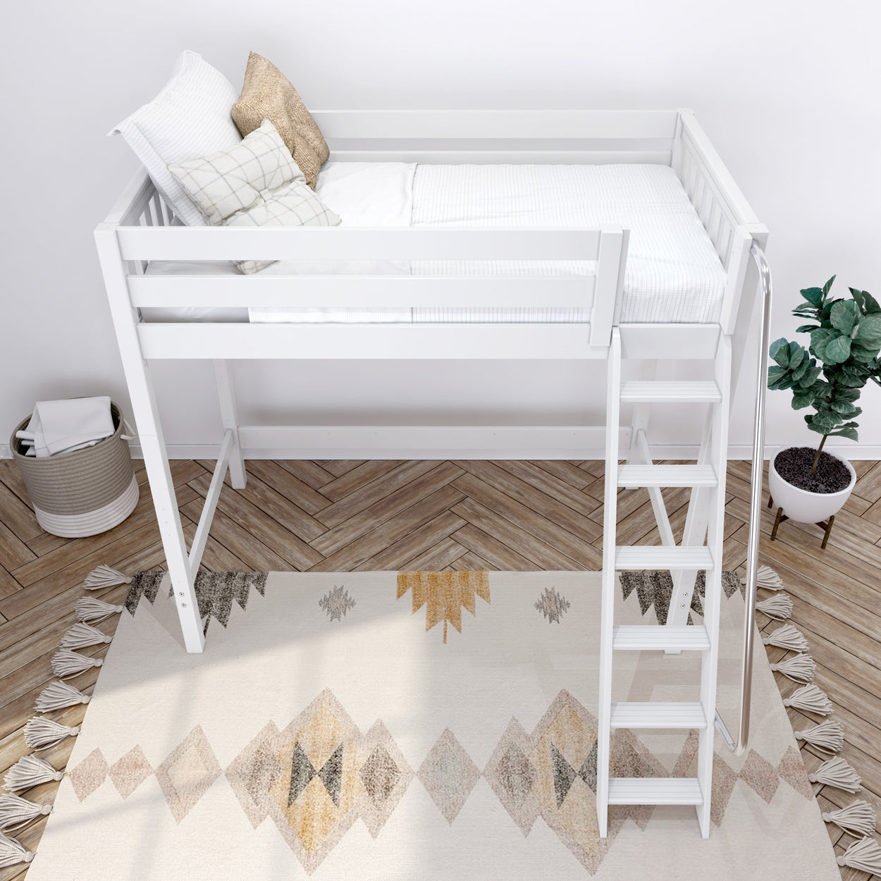 White loft bed with ladder in modern cozy bedroom featuring decorative pillows, potted plant, and a geometric rug.