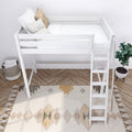 White wooden loft bed with ladder, neutral pillows and bedding over a patterned area rug, potted plant and woven storage basket in a modern kids' bedroom