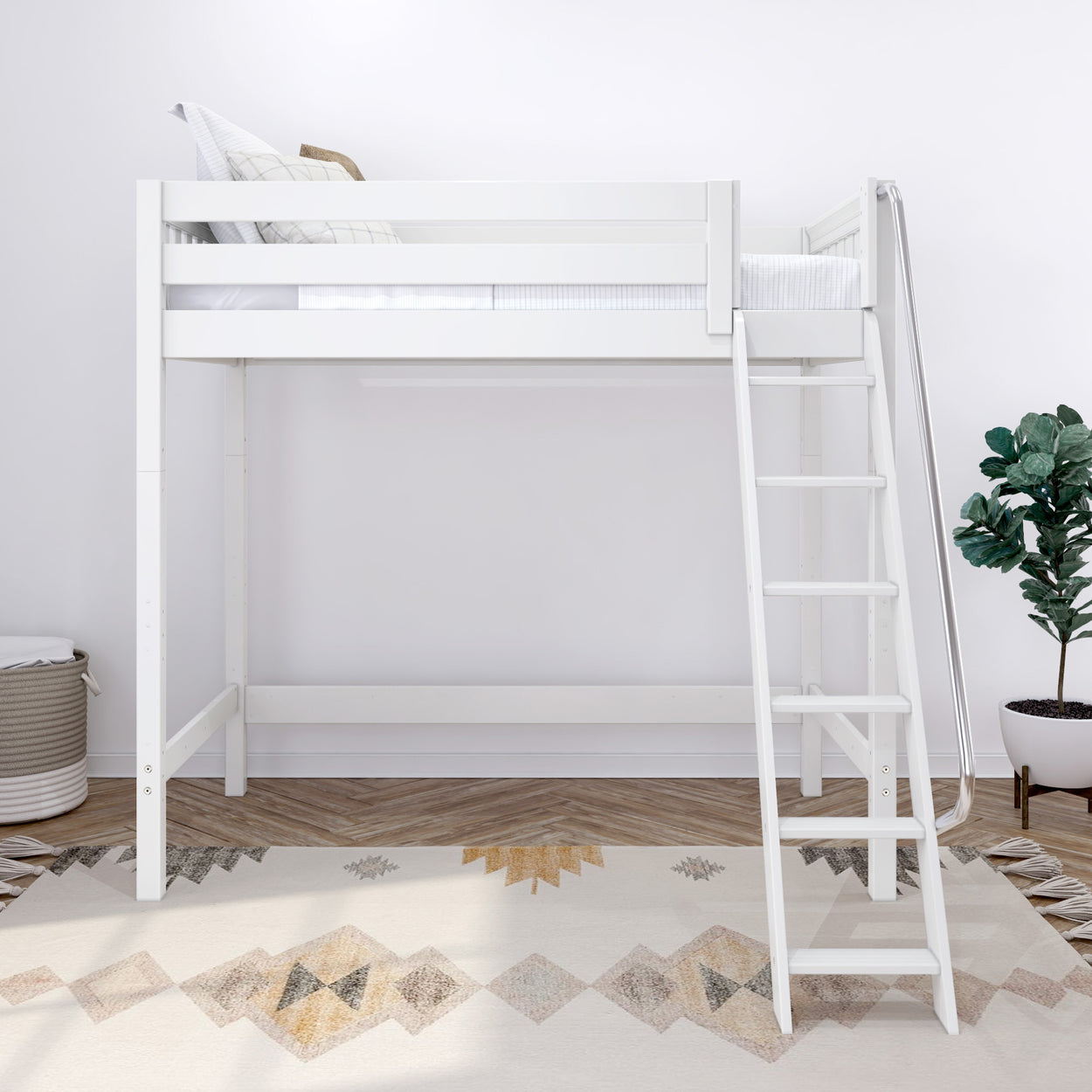White loft bed with ladder in modern bedroom with geometric rug and potted plant.