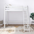 Modern white loft bed with ladder and top bunk in a minimalist Scandinavian kids' bedroom with patterned rug, white bedding, and potted plant