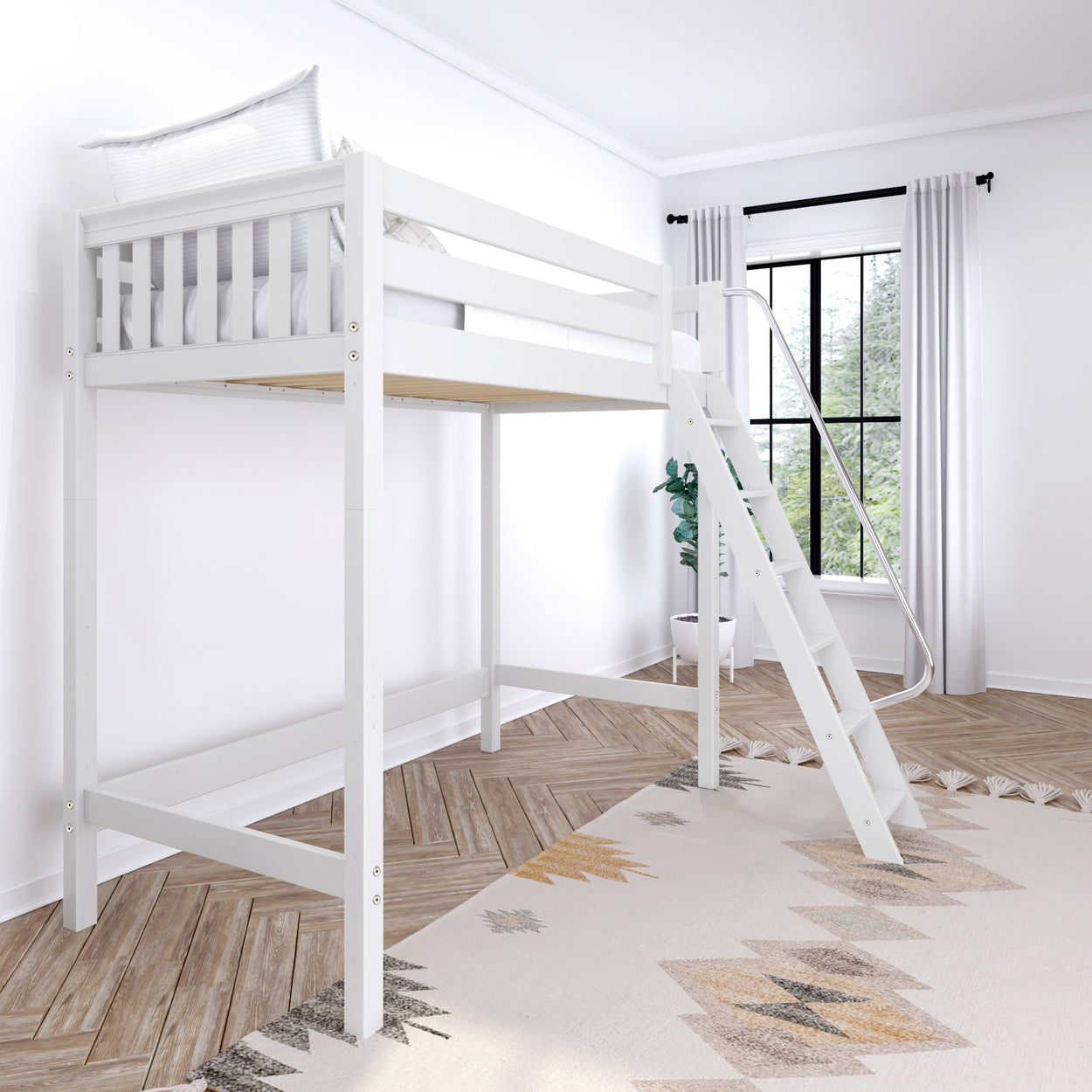 White loft bed with ladder in a modern bedroom, featuring wooden flooring and large window.