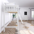 White loft bed with ladder in bright minimalist bedroom, herringbone wood floor, white dresser and potted plant