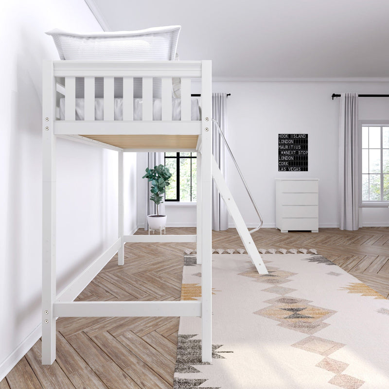 White loft bed with ladder in bright minimalist bedroom, herringbone wood floor, white dresser and potted plant