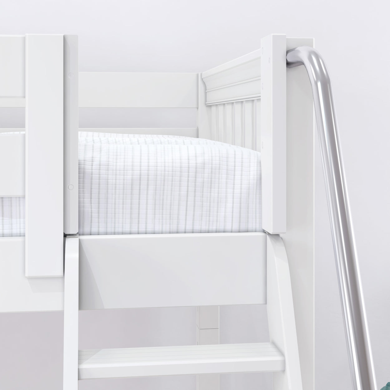 White loft bed with silver ladder and striped bedding, ideal for optimizing small bedroom spaces.