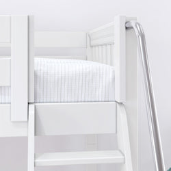 White loft bed with silver ladder and striped bedding, ideal for optimizing small bedroom spaces.