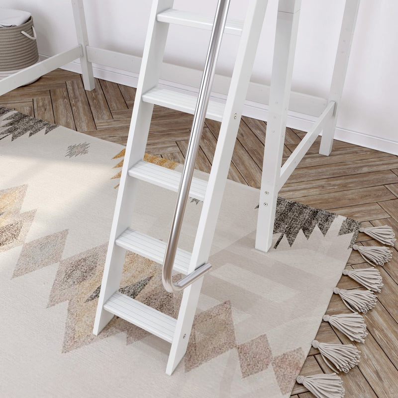 Close-up of a white loft bed ladder with stainless steel handrail on a beige geometric boho rug with tassels, next to herringbone wood flooring and a woven storage basket.