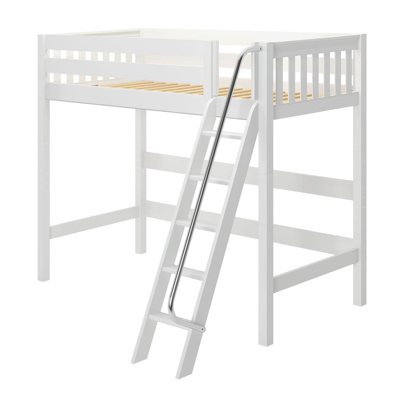 White wooden loft bed with slatted mattress base, angled ladder and chrome handrail — space-saving kids loft bunk bed